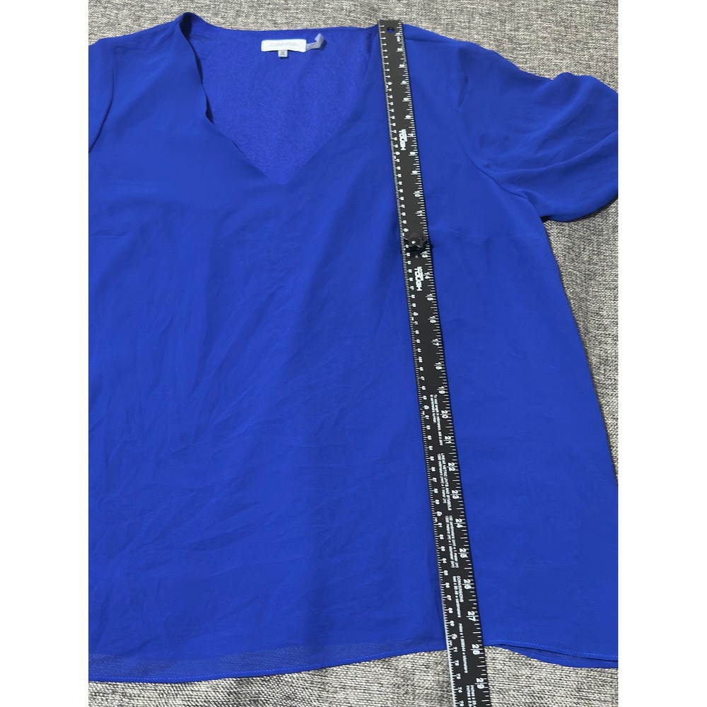 Calvin Klein Women's 0X Blouse Blue Ruffle Sleeve V-Neck W9LAI505 - Picture 3 of 9